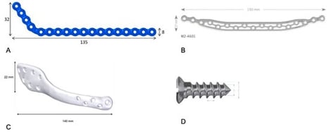 Plate and screw geometries used for finite element modeling. (A) 3D grid-type plate: 150 × 17 × 2.4 mm. (B) Conventional low-profile 2.4 mm reconstruction plate: 135 × 8 × 2.4 mm. (C) Customized low-profile 2.4 mm plate: 140 × 22 × 2.4 mm. (D) Bicortical screw: 2.4 mm diameter (length as modeled).