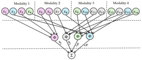 Example architecture of the RBF patch network. The graph illustrates the core architecture where input from four modalities is processed. The features of each modality are randomly assigned to four RBF neurons. However this assignment is fixed and part of the model.
