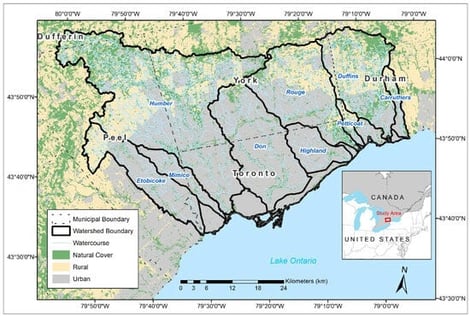 Study area with the nine watersheds and land use within Toronto and Region Conservation Authority’s (TRCA) jurisdiction. The remaining area of the jurisdiction is the waterfront.