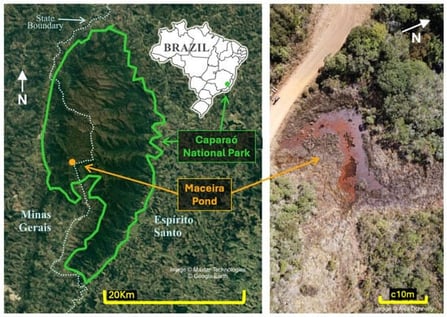 Outline of Caparaó National Park (Brazil) is marked in green, with the study site highlighted in orange.