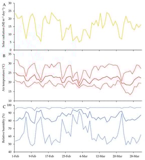 Daily solar radiation (A) and daily maximum, mean, and minimum values of air temperature (B) and relative humidity (C) during the experimental period. Viçosa, Minas Gerais, Brazil, DEA/UFV, 2020.