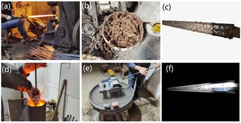 Handmade sword crafting process: (a) forging; (b) clay formulation; (c) clay coating; (d) quenching; (e) polishing; and (f) patterns.