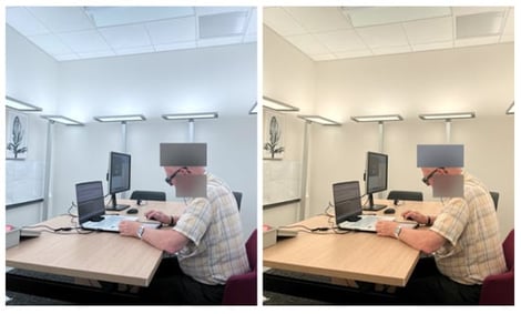 A participant wearing devices while performing cognitive tasks in each different indoor thermal and lighting conditions (480 nm, 5500 K; 644 nm, 3200 K).