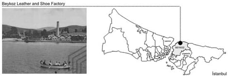 View of Beykoz Leather and Shoe Factory in 1842 from Bosphorus, and map illustrating its location in İstanbul [19,20].