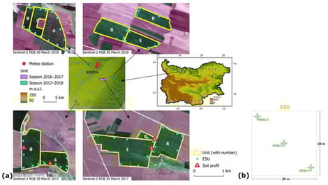 (a) Location of the study area and the Units sampled in each of the two agricultural seasons. (b) Scheme of an Elementary Sampling Unit (ESU) showing the distribution of the three Elementary Sub Sampling Units (ESSU), shown as crosses.