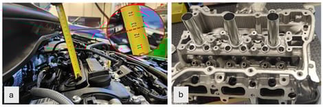 (a) Maximum permitted size of the instrument (red dashed line); (b) cylinder head with the three spark plug tubes.