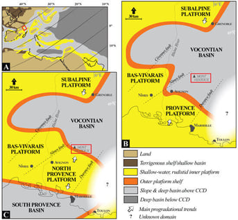 (A) Barremian–Aptian palaeogeography of the western Tethys. The red square indicates the location of panels (B,C). (B) Late Barremian palaeogeographic reconstruction of southeastern France showing the coalescent Urgonian platforms surrounding the Vocontian Basin. The red square marks the location of the study area (Mont Ventoux). (C) Latest Barremian to early Aptian palaeogeographic reconstruction of southeastern France illustrating the initiation of the intra-shelf South Provence Basin and the differentiation of the North Provence Urgonian platform. The red square marks the location of the study area (Mont Ventoux). All figures are modified after [3].