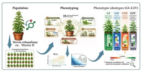 Principal component analysis (PCA) of 87 Stevia rebaudiana genotypes, including 86 progeny-derived genotypes clonally propagated from cv. ‘Morita II’ and the commercial control. The biplot shows genotype scores on the first two principal components (PC1 and PC2), which explained 19.65% and 12.58% of the total phenotypic variance, respectively (32.23% cumulative). Vectors represent the agronomic descriptors contributing most strongly to genotype differentiation. The PCA was used as an exploratory multivariate approach to visualise the main phenotypic gradients and to support the identification of contrasting genotype groups.