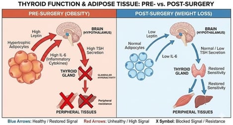 Pathophysiology of the Thyroid–Gut Axis in Obesity. The diagram illustrates the central and peripheral alterations involving the hypothalamus, pituitary, thyroid gland, and target tissues. Note the distinction between peripheral thyroid hormone resistance (reduced sensitivity to T3/T4 in liver and skeletal muscle, often associated with altered deiodinase activity and metabolic syndrome [22]) and the compensatory glandular hyperactivity of the thyroid in response to elevated TSH and leptin stimulation. The figure highlights how obesity-induced inflammation and dysbiosis contribute to resetting the central TSH set-point.