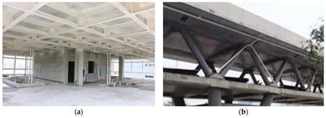 Practical engineering applications: (a) open-web composite floor system; (b) steel truss–concrete composite beam system.