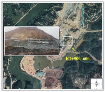 Schematic diagram of the geographical location and stratigraphic structure of the test slope.