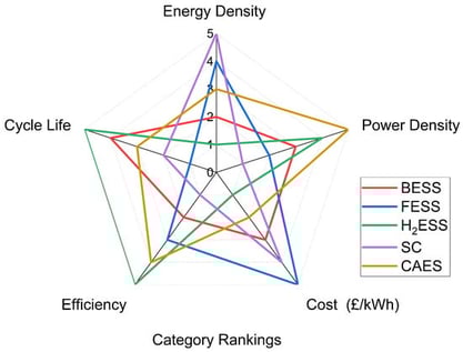 Qualitative assessment of each storage technology’s characteristics, where rank 1 indicates that the technology is the best performing in this area.
