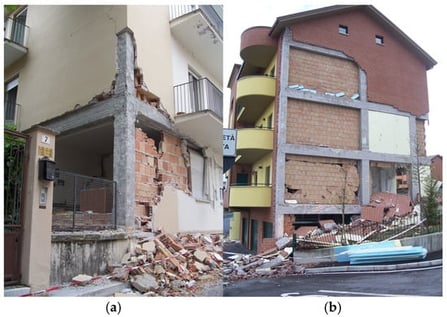Main damage mechanisms in non-structural elements such as infill walls in the Abruzzo earthquake (a) damage confined to the ground floor; (b) damage affecting multiple floors [3].