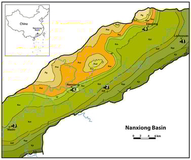 Geological map of the Nanxiong Basin (Redrawn after Zhang et al. [10]). Pg, Guchengcun Fm.; Psx, Xianhui Member of Shanghu Fm.; Pnd, Datang Member of Nongshan Fm.; Pnz, Zhuguikeng Member of Nongshan Fm.; Kcb, Changba Fm.; Kdf, Dafeng Fm.; Kjt, Jiangtou Fm.; Kyp, Yuanpu Fm.; Kzs, Zhenshui Fm.; Kzt, Zhutian Fm.; sp, Pingling Member of Shanghu Fm. 1. Nanhsiungchelys wuchingensis (IVPP V 3106); 2. Nanhsiungchelys yangi (CUGW VH108); 3. Nanhsiungchelys sp. (SXCM unnumbered); 4. Nanhsiungchelys cf. yangi (SNHM 1558); 5. Nanhsiungchelys sp. (NXM FS30); 6. ?Nanhsiungchelyidae.