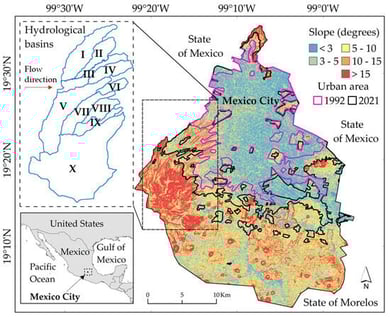 Map of the geographical location of Mexico City. The study area is shown on the right side of the figure. The upper right box shows the area where the hydrological basins of western Mexico City are located. I (San Joaquín), II (Tecamachalco), III (Tacubaya), IV (Becerra), V (Mixcoac), VI (Tarango), VII (Tequilasco), VIII (Texcalatlaco), IX (San Jerónimo) and X (Anzaldo). The direction of flow in the basins (west–east) is indicated with a red arrow.