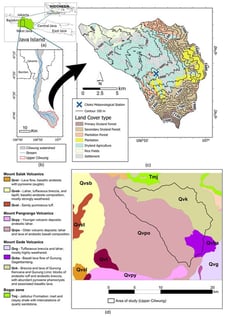 Overview of the Upper Ciliwung Watershed and its environmental setting: (a) location of West Java on Java Island within Indonesia, (b) extent of the Ciliwung Watershed and the Upper Ciliwung sub-watershed, (c) land cover and land use (LCLU) distribution in the Upper Ciliwung Watershed with 100 m elevation contours (m a.s.l.), where the blue cross (×) marks the Citeko Meteorological Station, and (d) regional geological map.