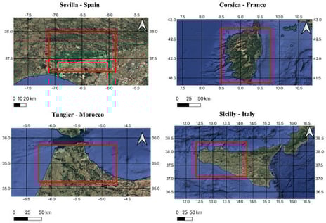 Locations of the four Mediterranean Areas of Interest (AOIs). The red squares show the location of where the data was acquired and processed.