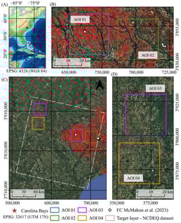 (A) Location of the study area within the Carolina Bays (USA), where McMaho et al. [7] report subcircular structures associated with potential natural hydrogen emissions. (B) AOI-01 and AOI-02, zones with clear subcircular expression. (C) Landsat-8 coverage used (path 016/row 036). (D) AOI-03 and AOI-04, areas without surface evidence of subcircular structures. The training labels were derived from the public layer provided by the North Carolina Department of Environmental Quality (NCDEQ). The coordinate reference system for Figure (A) is WGS 84 (EPSG: 4326), while Figures (B–D) use UTM Zone 17N (EPSG: 32617).
