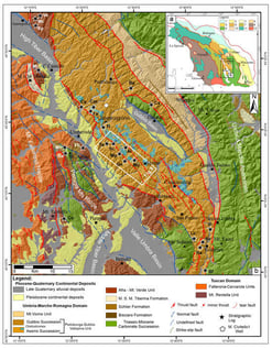 (a) Simplified scheme showing the main tectono-stratigraphic domains of the Northern Apennines; key for scheme in (a): (1) Quaternary succession, (2) periadriatic foredeep Plio-Pleistocene succession., (3) Laga fm., (4) turbidites of the Camerino basin, (5) FMA-Romagnola, (6) Marnoso-arenacea umbra (MUM) and FMA, (7) Falterona–Cervarola Fms, (8) Macigno Fm., (9) carbonate multilayer, (10) Tuscany metamorphic units, (11) Ligurian unit s.l., (12) magmatic Quaternary rocks. (b) Detailed structural geological scheme of northern Umbria–Marche area in which the main tectonic units recognized in the lower–middle Miocene Marnoso-arenacea basin are highlighted.