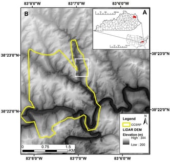 (A) Carter Caves State Resort Park (CCSRP) is located in northeastern Kentucky, USA. (B) The park boundary is shown by the yellow outline. The white box highlights the lower portion of Horn Hollow, including the Horn Hollow karst window, the lower Horn Hollow entrance, and the upper Laurel Cave entrance presented in Figure 8.