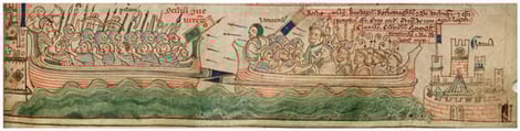 Naval battle. Cambridge, Corpus Christi College, ms. 16, f. 147. Chronica maiora II. Matthew Paris.
