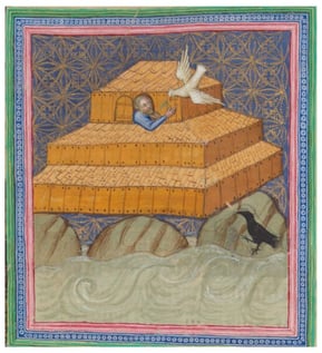 The End of the Flood: Noah in the Ark as the dove brings him a branch with green leaves. Vienna, ÖNB, Cod. 2759, f. 8v.