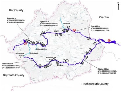 Rivers Eger and Röslau within Wunsiedel County (Bavaria) bordering Czechia. Potential sources for cold-water input are indicated in light blue and main sources for warm water input into the Eger are indicated in red. Numbers (1–18) and letters (a–o) indicate power plants, weirs, and water reservoirs creating backlog areas as potential sources for increased water temperature.