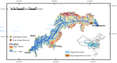 Distribution map of the water system and hydrological stations in the TGR area.