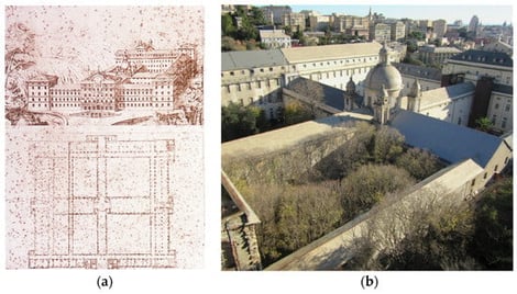 Albergo dei Poveri complex (Genoa): (a) historic floor plan and axonometric by an anonymous author, 1835; (b) detailed photo of the roofing system.