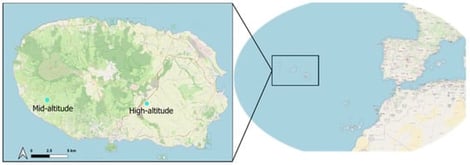 Location of the Azorean Archipelago, the island of Terceira, and the two experimental fields.