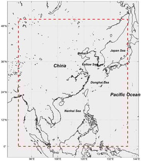 The China Seas and adjacent waters are outlined in red.