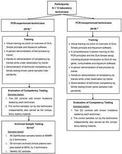 Diagrammatic representation of laboratory personnel training, competency, and testing schedule in the validation of the OLA-Simple assay for HIV-DR testing. This flowchart provides a diagrammatic representation of the laboratory personnel training, competency assessment, and testing involving technicians from various research institutions and hospital laboratories, who participated in the validation of OLA-Simple. The diagram indicates the number of PCR-experienced and PCR-inexperienced technicians and the training they received, and the competency testing and the testing of archived samples for the clinical in-field validation of OLA-Simple. Abbreviations: PCR, polymerase chain reaction; QC, quality control; NPHL, National Public Health Laboratory; Key: * National Public Health Reference Laboratory (N = 3) technicians; HIV Research Laboratory, KEMRI, Kisumu (N = 2) technicians. $ Technicians from hospital-based diagnostic laboratories: Kisumu County Referral Hospital, Jaramogi Oginga Odinga Teaching and Referral Hospital, Nyakach Sub-County Hospital, and Ahero Sub-County Hospital.