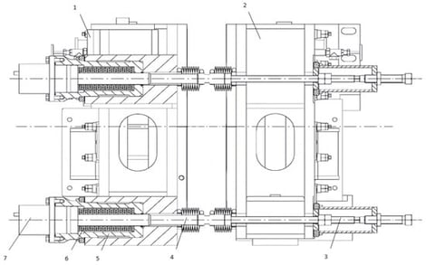 Structure and installation method of the clamping mechanism: 1. outer arc side cooling water tank; 2. inner arc side cooling water tank; 3. adjusting device; 4. pull rod; 5. sleeve; 6. disk spring; 7. hydraulic cylinder.