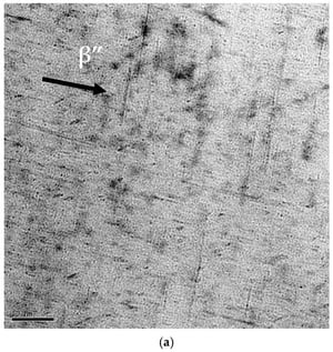 (a) Sample aged at 200 °C, 1 h, showing needle-like β” phase. (b) Another region of the sample aged at 200 °C, 8 h, with a mixture of coarse rod-shaped β’ particles (black arrow) and round precipitates (red arrow). (c) Sample after rolling (cold work) and heat treated at 200 °C, 8 h, showing β precipitate (white arrow) with coarse rod-shaped β’ phase (red arrow).