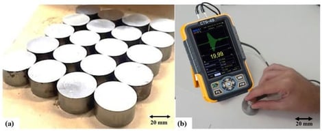 (a) Samples and (b) ultrasonic inspection representations.