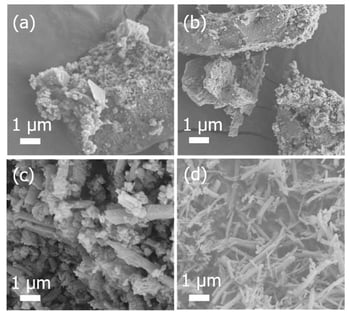SEM images of samples prepared at different hydrothermal times: (a) 8 h; (b) 16 h; (c) 32 h; (d) 48 h.