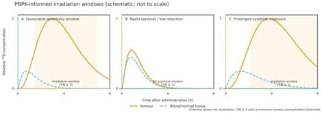 PBPK-informed irradiation windows for BNCT (schematic; not to scale). Illustrative tumour and blood/normal tissue relative 1010 of 10B concentration–time profiles showing how the usable irradiation window depends on time-varying selectivity (e.g., T/B ≥ 3) and an exposure constraint in blood/normal tissue. (Panel A): Favourable window with sustained tumour retention and faster decline in blood/normal tissue. (Panel B): Rapid washout and insufficient selectivity. (Panel C): Delayed window due to prolonged systemic exposure despite high tumour uptake. Thresholds are illustrative and protocol- and agent-specific (Figure 1 is original artwork created by the authors and does not include third-party copyrighted material; therefore, no copyright permission is required).