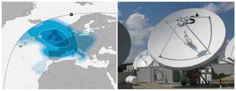 ASTRA 2F Europe Ku-band beam (left). RF Uplink and Downlink ground Station: ATF #33 Antenna, Diameter: 9m, Vertex, Tx/Rx, Ku-band (right).