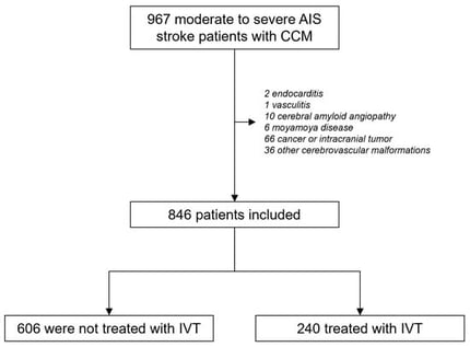 Study flow chart. Abbreviations: AIS—acute ischemic stroke, CCM—cerebral cavernous malformations, IVT—intravenous thrombolysis.