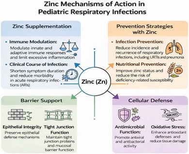 Mechanisms of action of zinc in pediatric respiratory infections.