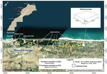 The locations of sediment stations from the present study and those from previous works carried out before and after the creation of the sediment trap [9,10,11].