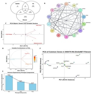 Protein–Protein network analysis overlapping with RA and fibrosis. Venn diagram showing 14 common proteins between SWATH, RA, and fibrosis (A) and common interacting proteins (B). PCA analysis showing the correlations among FC, GDA score, and relevance score for the 14 common gene sets. GDA shows a negative correlation with FC and Relevance score, while FC and Relevance score are positively correlated (C). GDA score contributes more to the overall variation among the variables shown in the unit circle (D). Bar plot showing the variations among the variables with 49.5%, 28.6%, and 21.9% in PC1, PC2, and PC3, respectively (E). Gene distribution chart showing the cluster of LRG1, SERPINA1, SERPINA3, and Clu around the center, suggesting a close association among the variables (F).