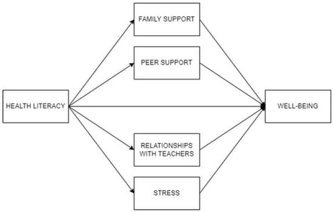 Partial mediation of family support, peer support, relationships with teachers, and stress, in the relationship between health literacy and well-being.