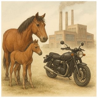 Graphical illustration of the main differences between living and artificial systems. A horse “replicates” itself, draws the necessary information from within, and obtains energy and material directly from its environment. In contrast, a motorcycle requires blueprints, a factory, machines, and external sources of energy and materials for its production, operating entirely within the currently known laws of physics and computability.