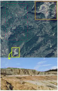 Certej mining waste dump (orange frame—Coranda quarry, yellow frame—Certej mining waste dump).