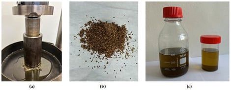 (a) Uniaxial compression test for extracting the oil; (b) seedcake of bulk hemp seeds sample afer compression tests; (c) extracted oils from the 17 experimental tests/runs conducted.