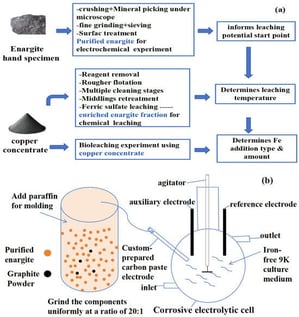 (a) Experimental workflow diagram showing the interconnection of the three modules (electrochemistry, chemical leaching, and bioleaching) and the material flow between them. (b) Schematic illustration of the electrochemical experimental setup.