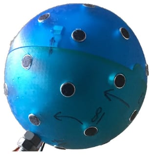 Spherical microphone array of radius 
  
    a
    =
    3.5
  
 cm. Altogether, 32 microphones are nearly uniformly flush-mounted over the rigid spherical surface.