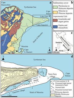 (a) Geological map of the NE end of the Peloritani Mountains (Messina, Italy). The rectangle shows the localization of the NE edge of Messina. (b) Legend of the geological map. (c) Localization of the study area. (d) Geological and structural map of the Cape Peloro peninsula. Isohypses are spaced at 10 m. Acronyms: LG, Lake Ganzirri; LF, Lake Faro. 1: Catuso Canal (currently closed); 2: Canal Due Torri; 3: Margi Canal; 4: degli Inglesi Canal; 5: Faro Canal.