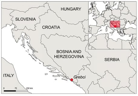 Map showing the location of the village of Grebci, near which a Hippopotamus specimen has been found.